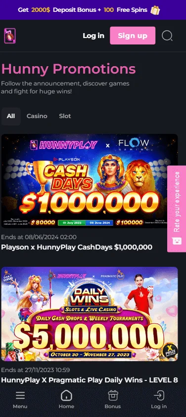 Hunnyplay Casino mobile promotions interface with bonus offers