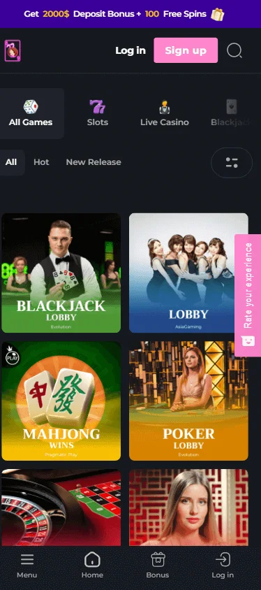 Hunnyplay Casino mobile games interface with casino titles and categories