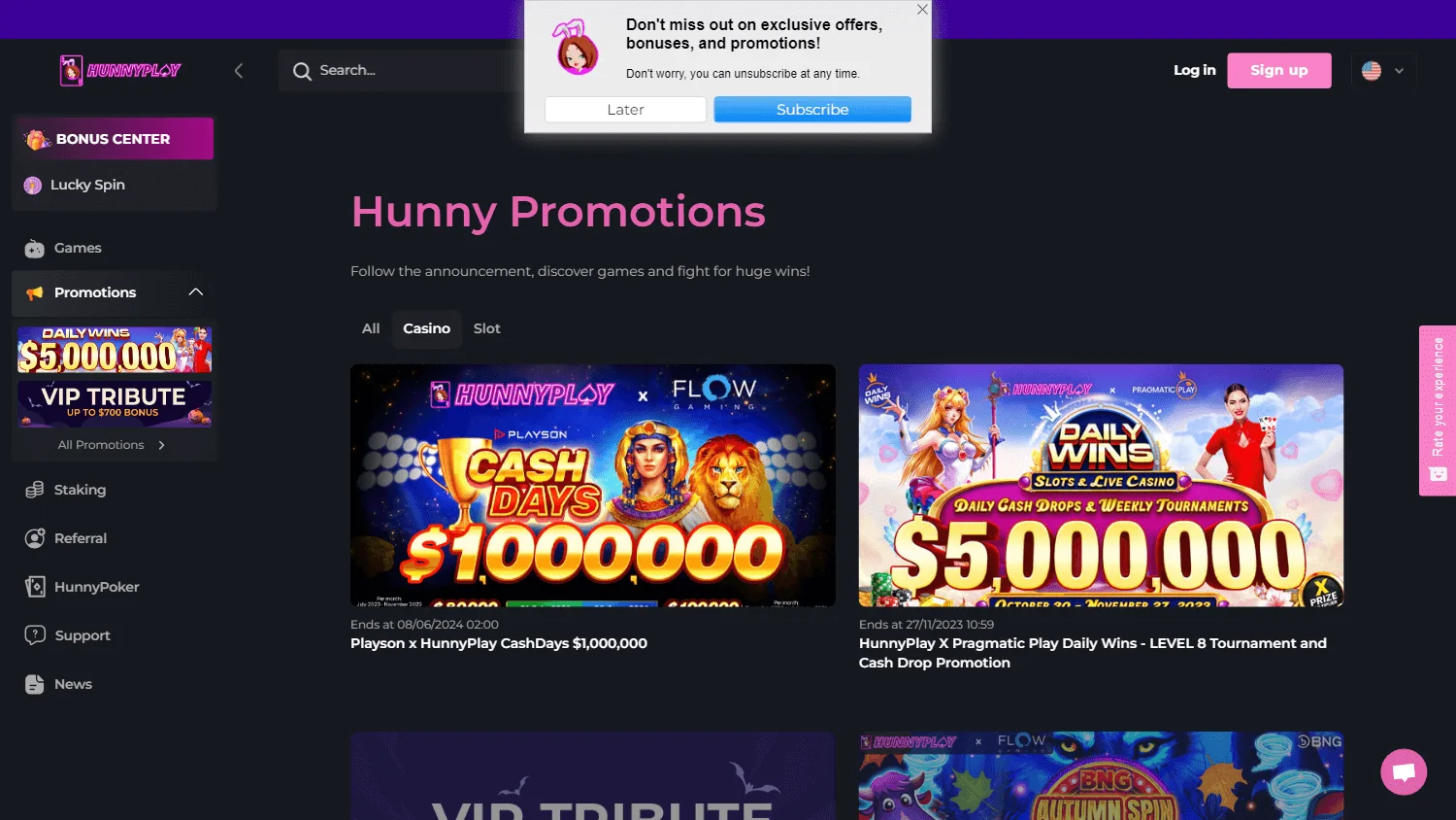 Hunnyplay Casino desktop promotions interface with bonuses and free-spin offers
