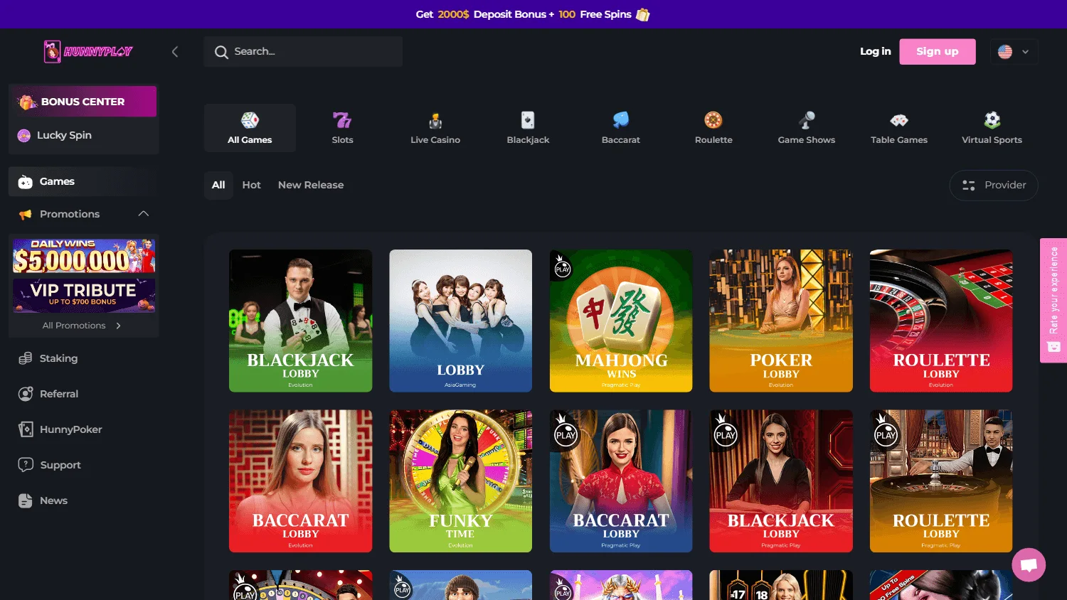 Hunnyplay Casino desktop games interface with pokies and casino categories