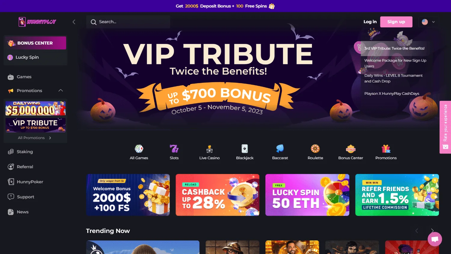 Hunnyplay Casino desktop home interface with casino offers and account options